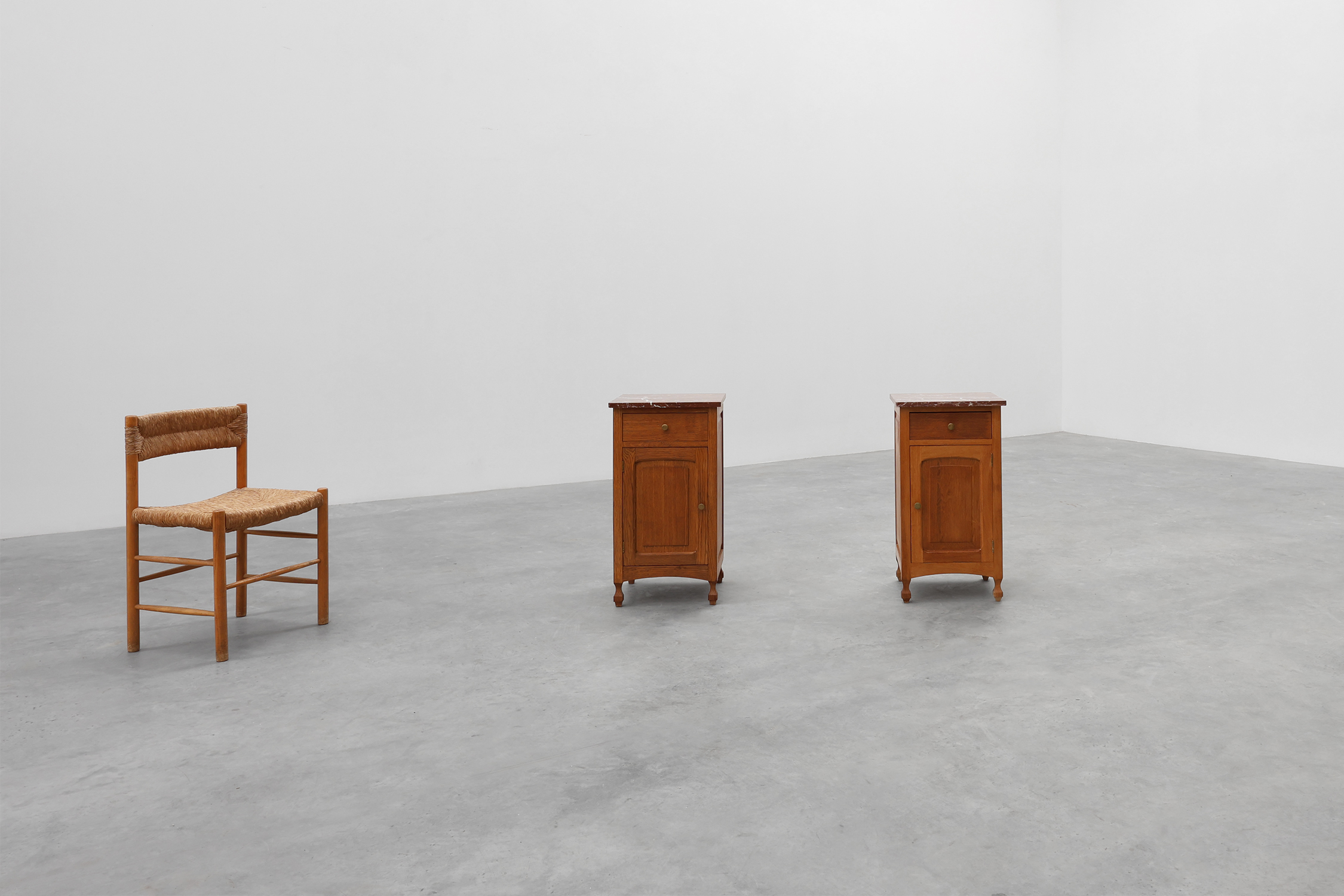 Pair of French Art Deco Nightstands in oak with marble tops, 1930s thumbnail